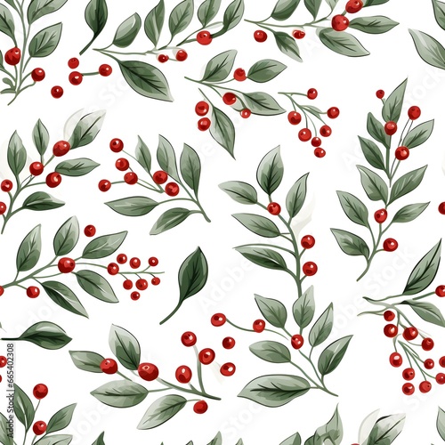 Seamless illustrated mistletoe on white backgrounds, ai generative