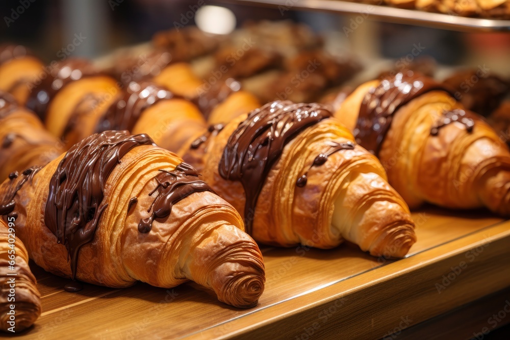 Chocolate croissants in bakery. Chocolate croissants in bakery.