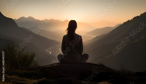 silhouette of a person sitting on a mountain top.
