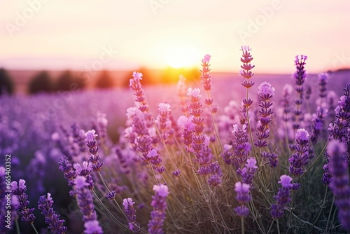 Close up lavender flowers in beautiful field at sunset. © MdHafizur