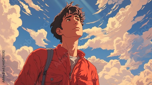 anime portrait of a male looking up to the sky with clouds above photo