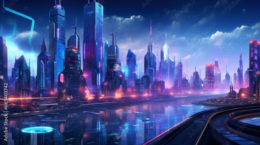  A futuristic, cyberpunk inspired cityscape at night.