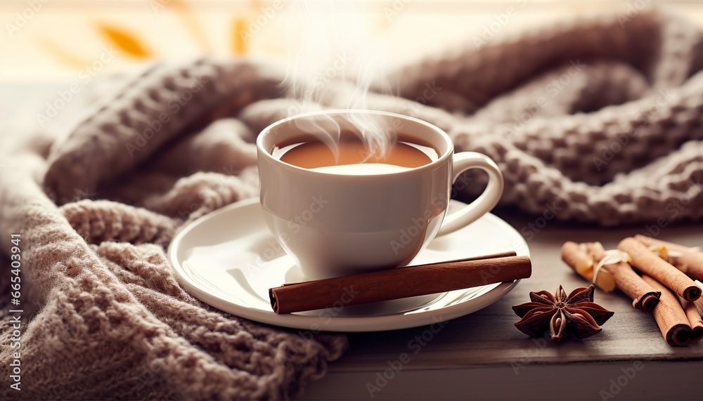 Cup of Steaming Tea Coffee, Knitted Blanket, and Cinnamon Anise.