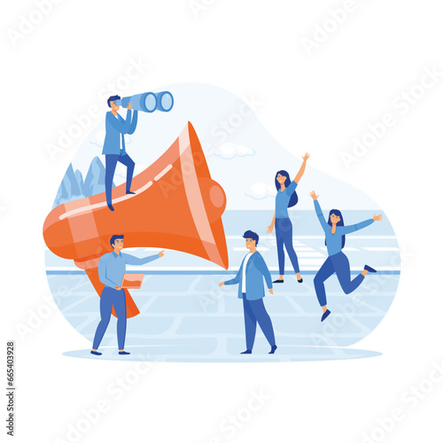 Promotion with megaphone. Big loudspeaker, promoter speaks people, attracts investors and businessmen. flat vector modern illustration 
