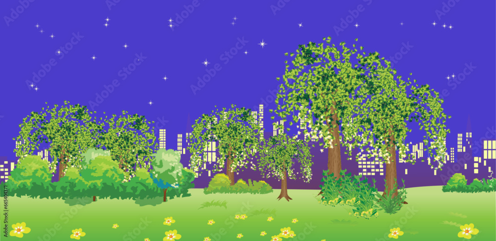 Night city in the summer. Stars on the night sky, city skyline, flowering trees and flowers in the foreground. Vector illustration.