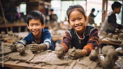 children in a plastic arts workshop