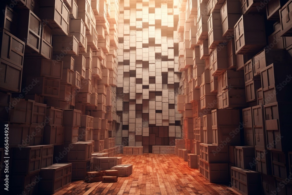 CGI illustration featuring stacked boxes in a storage facility. Generative AI - obrazy, fototapety, plakaty 
