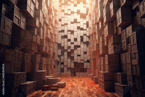 CGI illustration featuring stacked boxes in a storage facility. Generative AI