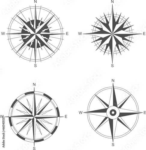 black and white compass, Icon set of compass