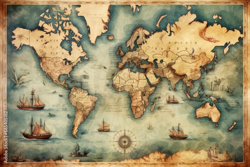 Great detailed illustration of the world map in vintage style. © MdHafizur