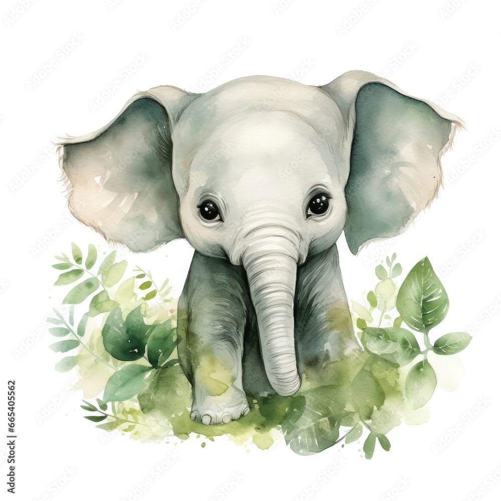 Happy cute baby elephant in green leaves in the watercolor style. Happy cute baby elephant in green leaves in the watercolor style.