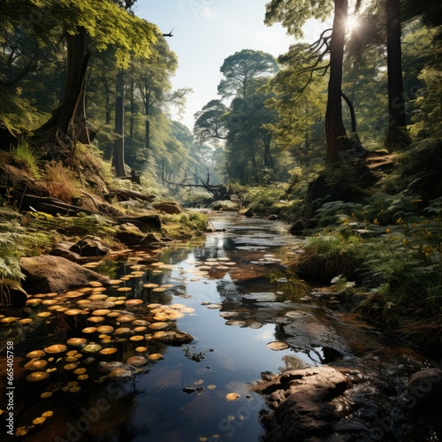 Photo of a forest glade with a tranquil stream. Generative AI