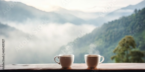 Morning coffee bliss in nature embrace. Tea with view. Sipping serenity in mountains. Cafe moments. Woodland break. Aromatic espresso delight in outdoors