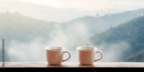 Morning coffee bliss in nature embrace. Tea with view. Sipping serenity in mountains. Cafe moments. Woodland break. Aromatic espresso delight in outdoors