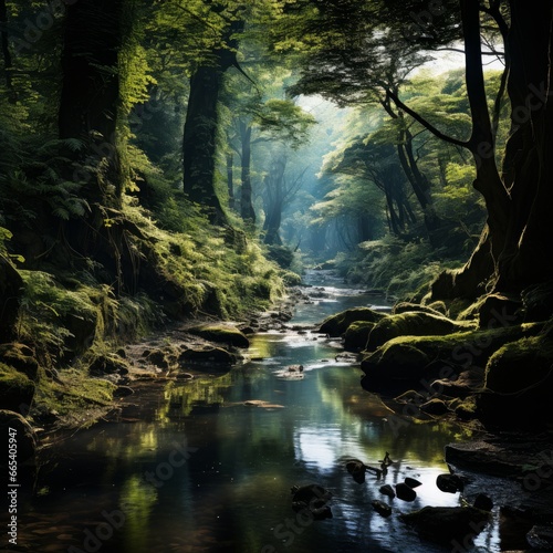 Photo of a forest glade with a tranquil stream. Generative AI