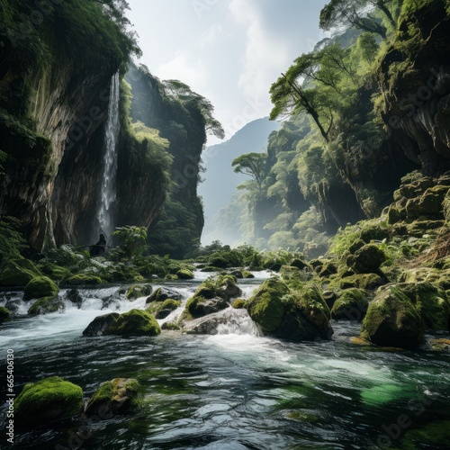 Photo of a majestic waterfall in a lush canyon. Generative AI