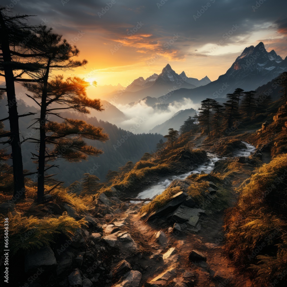 Photo of a mountain landscape at sunrise. Generative AI