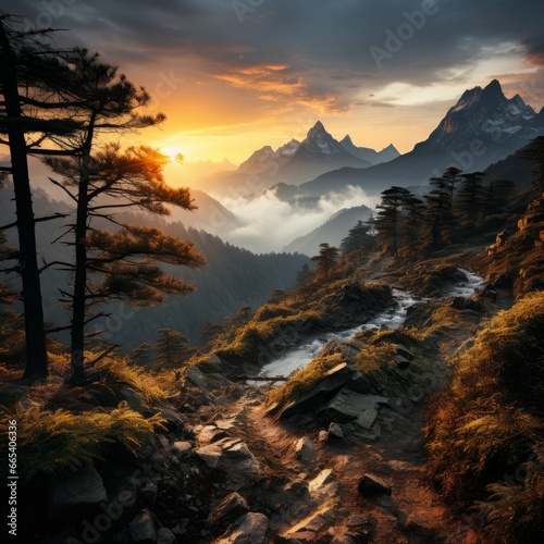 Photo of a mountain landscape at sunrise. Generative AI