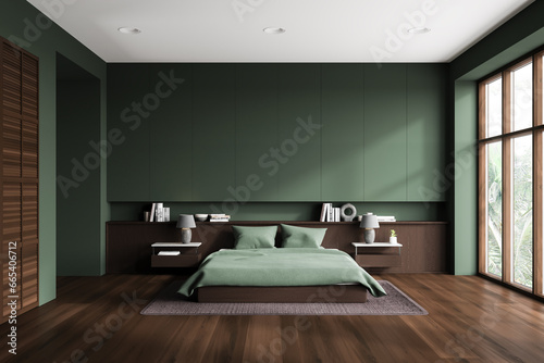 Green home bedroom interior with bed and decoration  panoramic window