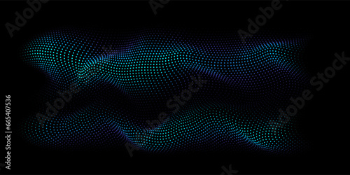 Flowing dots particles wave pattern 3D curve halftone blue and green gradient curve shape isolated on black background. Vector in concept of technology, science, music, modern.