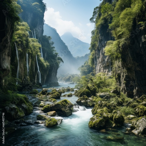 Photo of a majestic waterfall in a lush canyon. Generative AI © Aditya