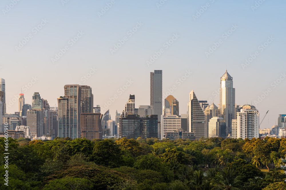 Bangkok city panorama with skyscrapers and trees