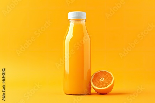 Orange Juice bottle on orange background.