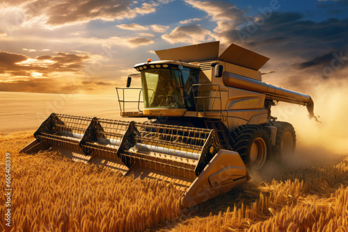 A massive combine harvester harvesting the prosperously cultivated wheat. Endless fertile terrain leading to the horizon. Labor supports the world's food supply. The concept of agriculture and product photo
