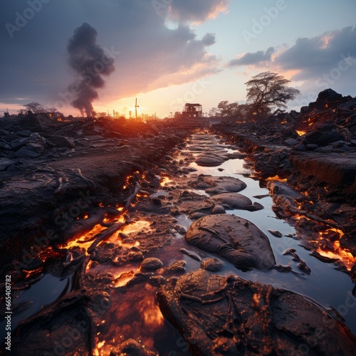 Photo of a volcanic landscape with lava lows. Generative AI