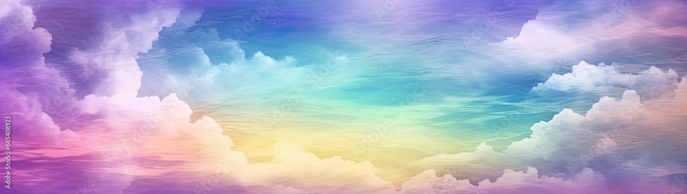 Obraz premium Rainbow sky with fluffy clouds. Multicolored toned sky.
