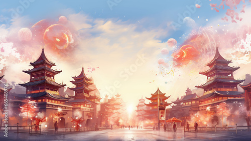 Paintings of Asian festivals such as New Year, carnival, with balloons, children's toys, fireworks, bright lights, and people joining in the fun. pastel color background For various abstract designs