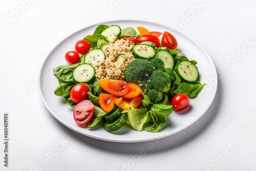 Salad with quinoa, spinach, broccoli, tomatoes, cucumbers and carrots.