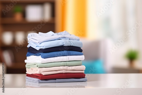 Stack of clean clothes on table in room. Generative AI