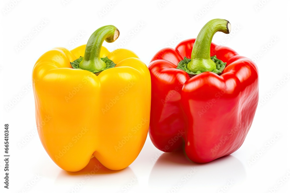 Two bell peppers, a red and a yellow isolated on white background. AI Generated. Two bell peppers, a red and a yellow isolated on white background. AI Generated.