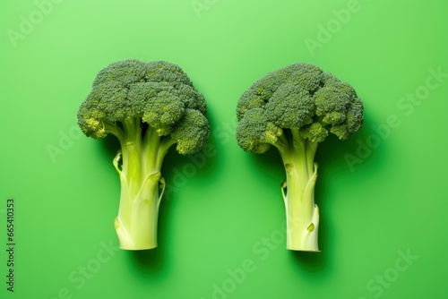 Two broccoli pieces arranged on background. AI Generated