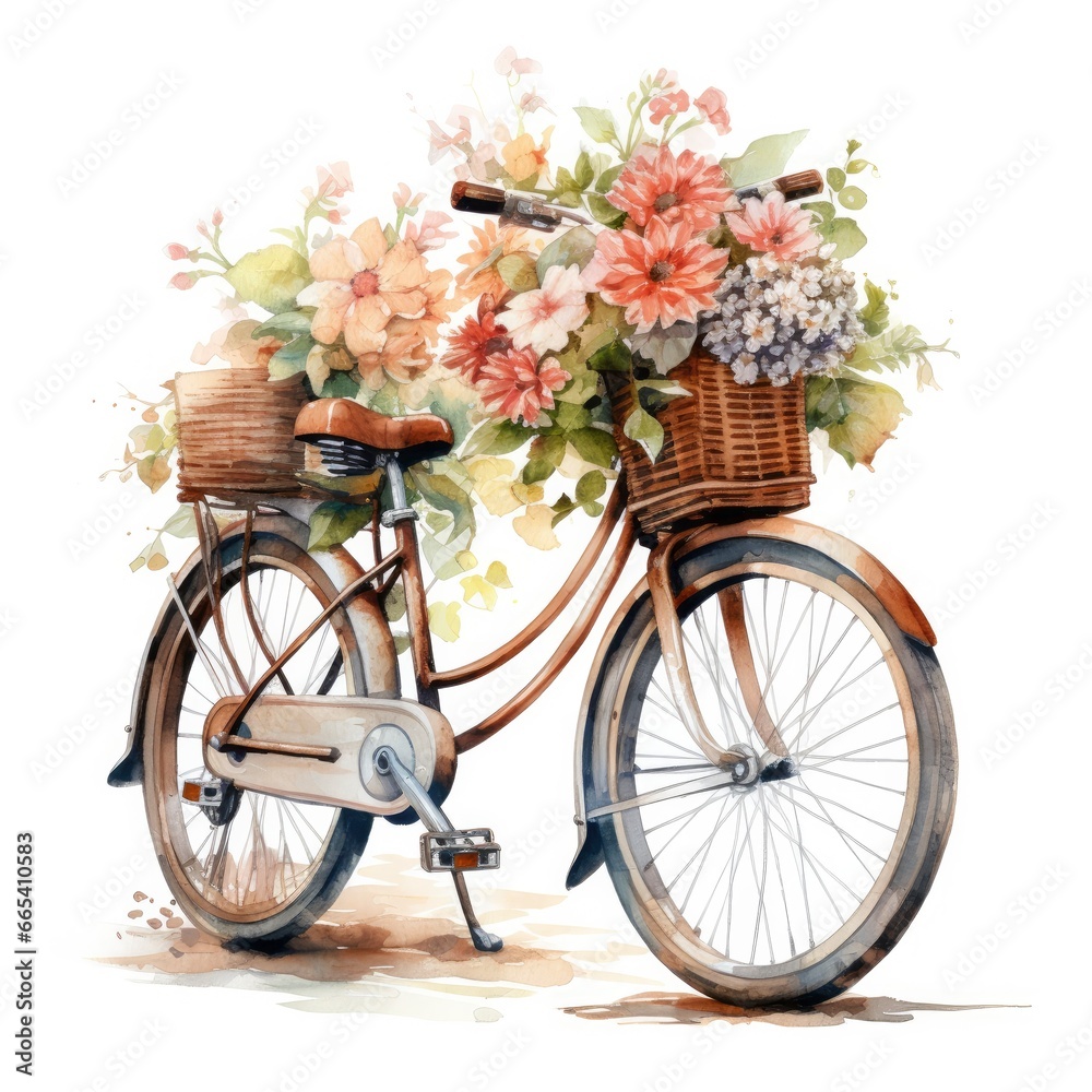 Watercolor bicycle with flowers in the basket isolated on white background.  AI Generated