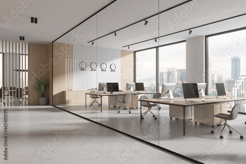 Corner and wooden open space office interior with clocks