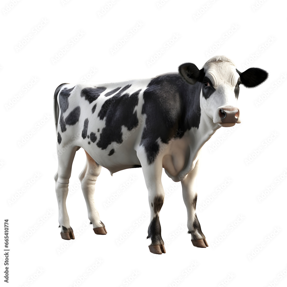 Black and white cow standing isolated on white gentle surprised look, pink nose on transparent background