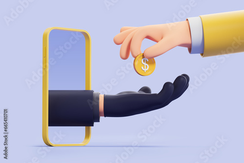 Foto Cartoon character man gives a coin to a scammer in internet