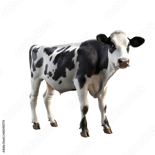 Black and white cow standing isolated on white gentle surprised look, pink nose on transparent background