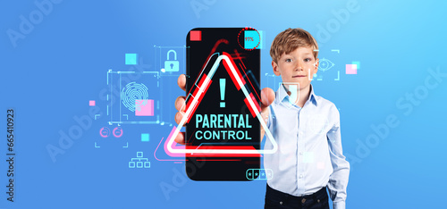 Boy holding phone display, hologram hud with parental control and warning sign photo