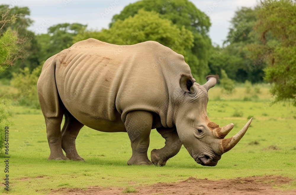Naklejka premium White Rhino grazing. AI Generated