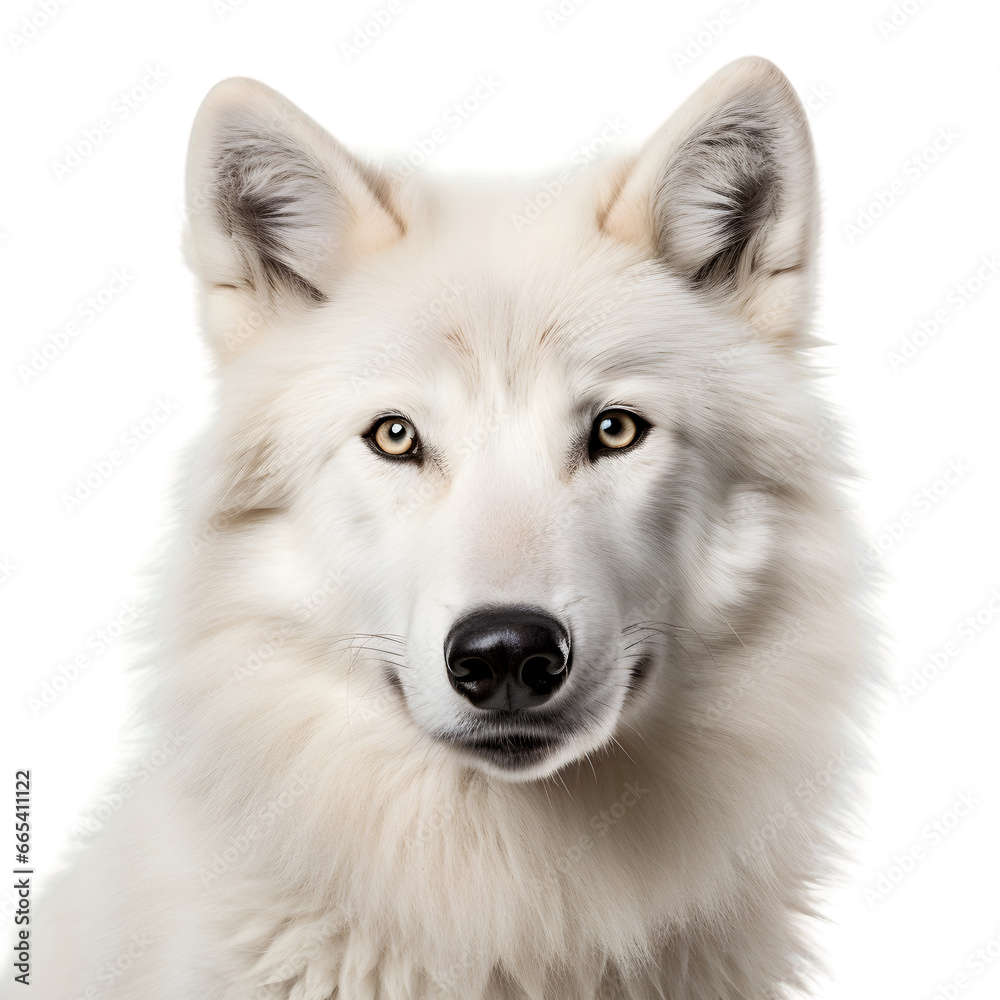 arctic wolf head portrait isolated on white background, wildlife animal