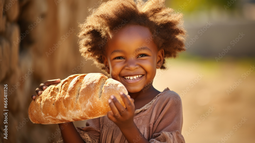 Naklejka premium happy African little girl holding fresh bread