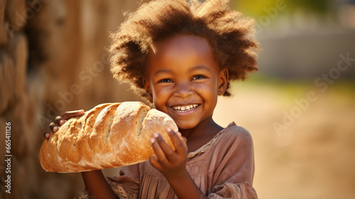  happy African little girl holding fresh bread