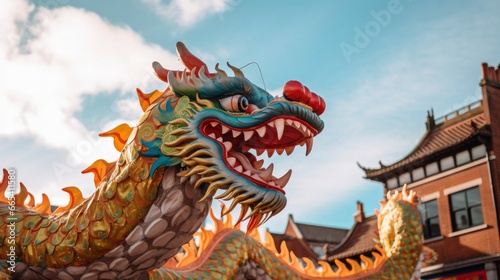 Chinese Dragon under a bright sky. AI Generated