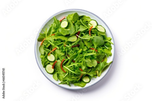 Healthy fresh green salad plate shot from above on white background. AI Generated