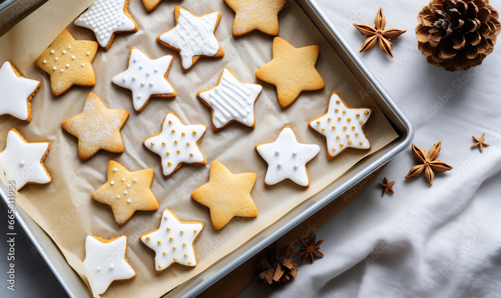 Fototapeta premium Overhead view of christmas star shaped cookies being prepared in a festive kitchen
