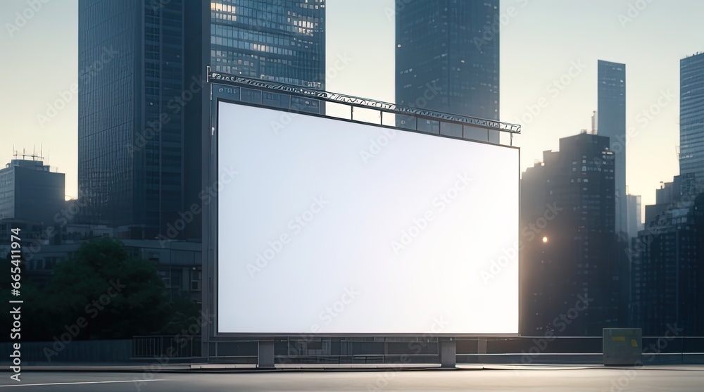 Blank billboard on the road with cityscape background at sunset. Blank billboard on the road with cityscape background at sunset.