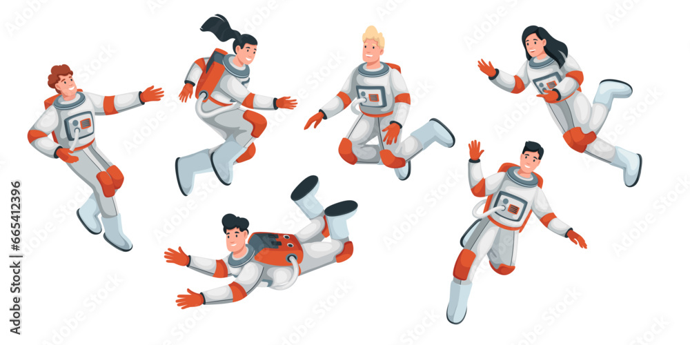 Astronauts flying in zero gravity inside spaceship set vector illustration. Cartoon isolated astronauts in spacesuits floating in weightlessness during space travel, man and woman in different poses - obrazy, fototapety, plakaty 